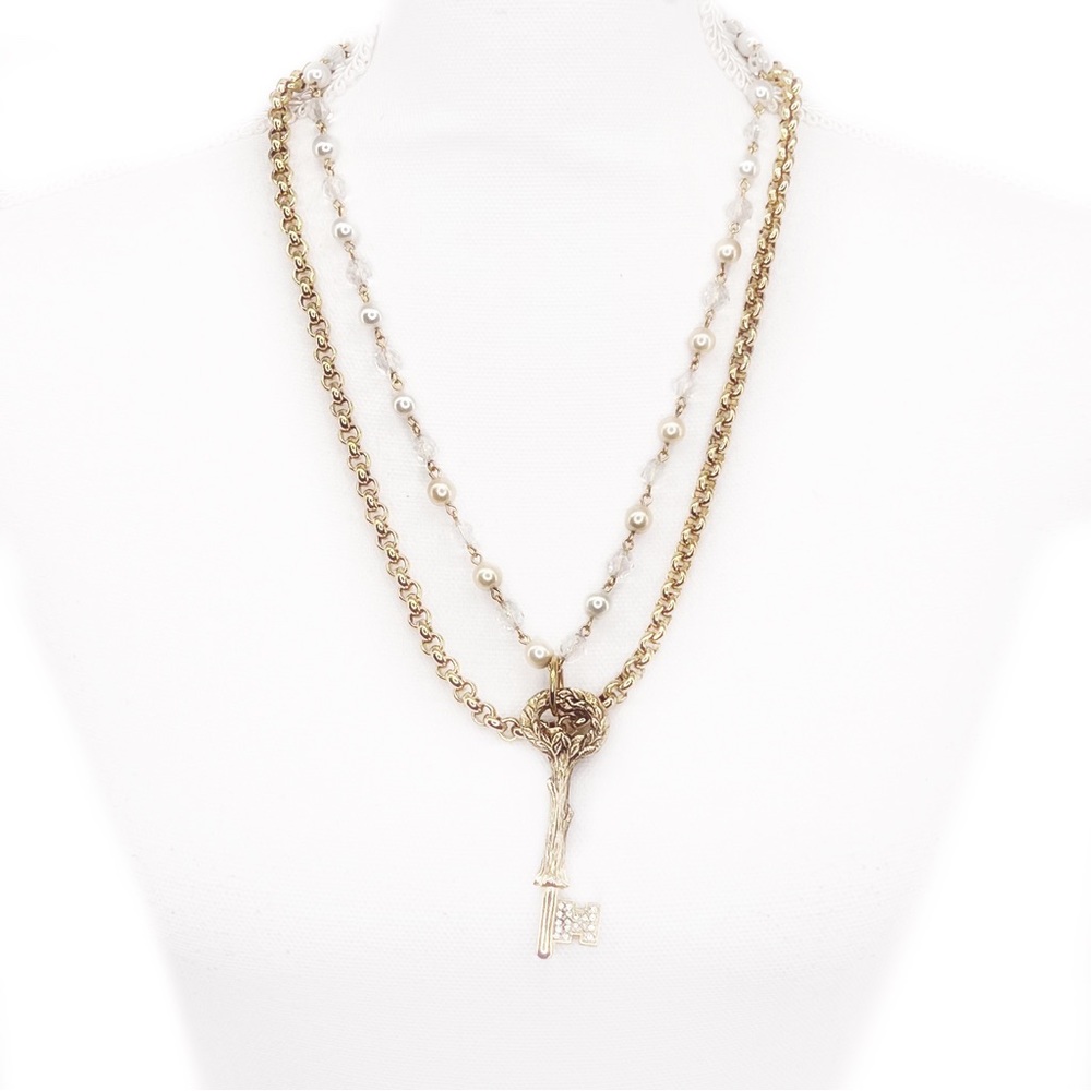 Skova Soul White Pearl & Glass Gold Chain 3" Crystal Key 2 Layer 22" Necklace